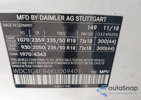 2019 Mercedes-Benz Gla 250 из США, поврежденный, VIN WDCTG4EB6KU009401